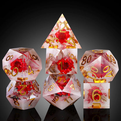 Sharp Edge Dice Set- Red flowers with Red Swirl
