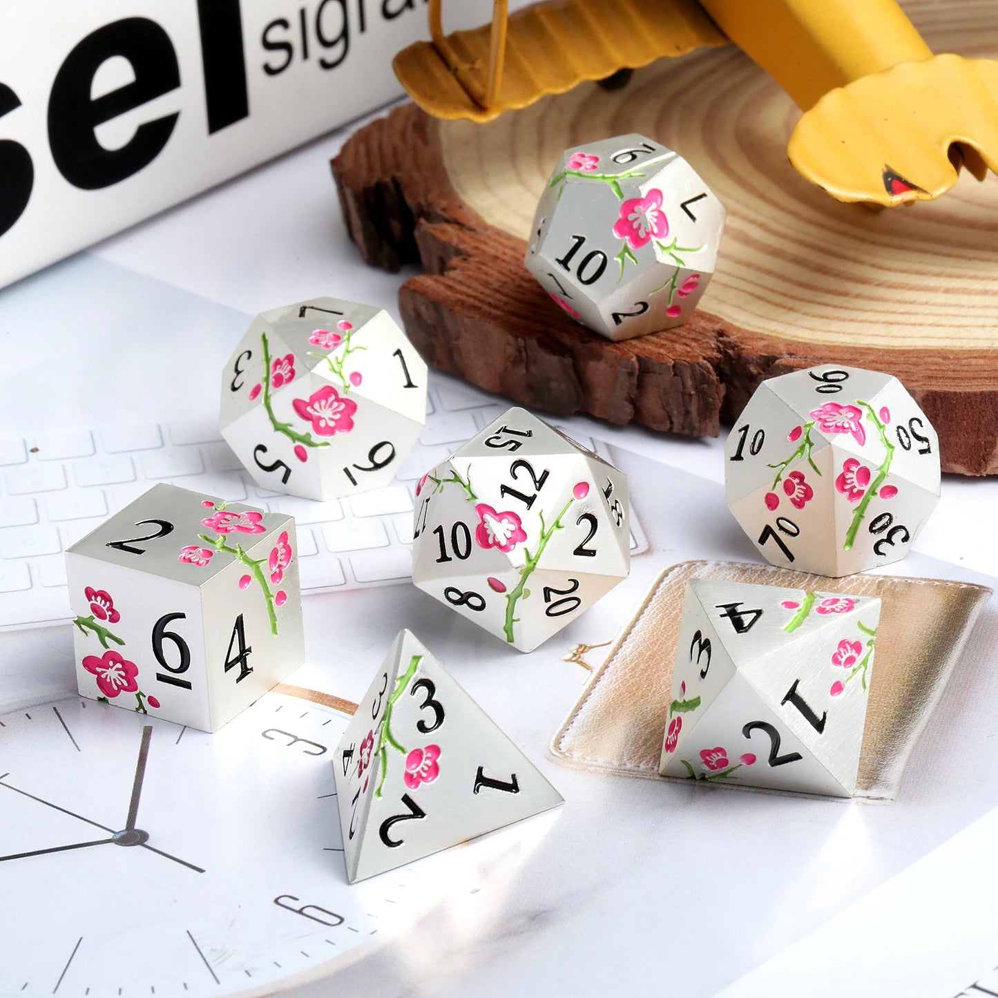 Plum Blossom Dice Set -Silver with Pink