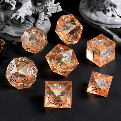 Sharp Edge Dice Set l Shiny Orange Liquid Core