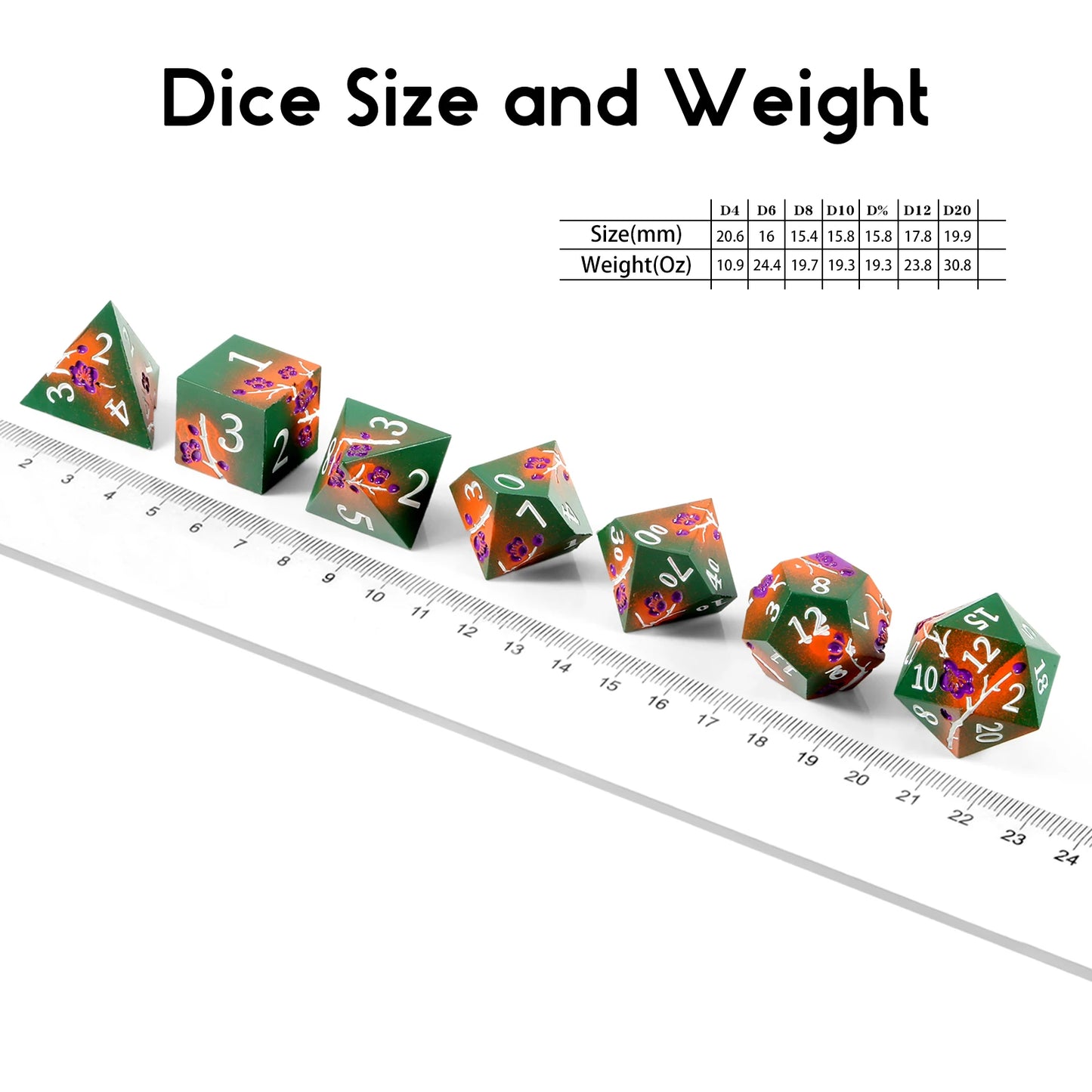 Plum Blossom Dice Set - Matte green and orange with purple flowers