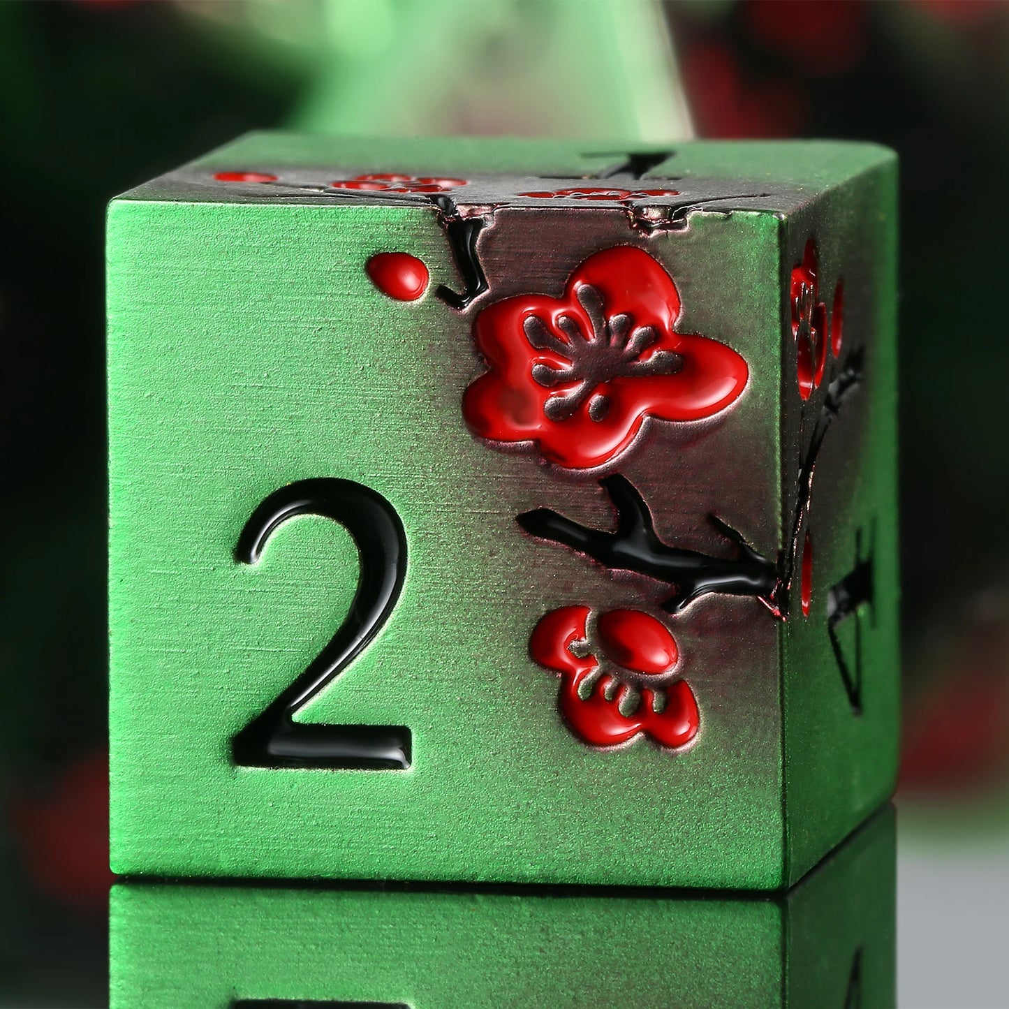 Plum Blossom Dice Set - Green and black with red flowers