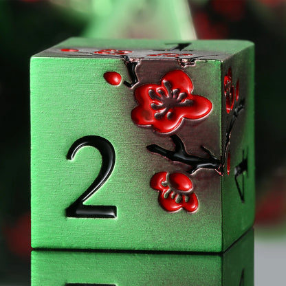Plum Blossom Dice Set - Green and black with red flowers
