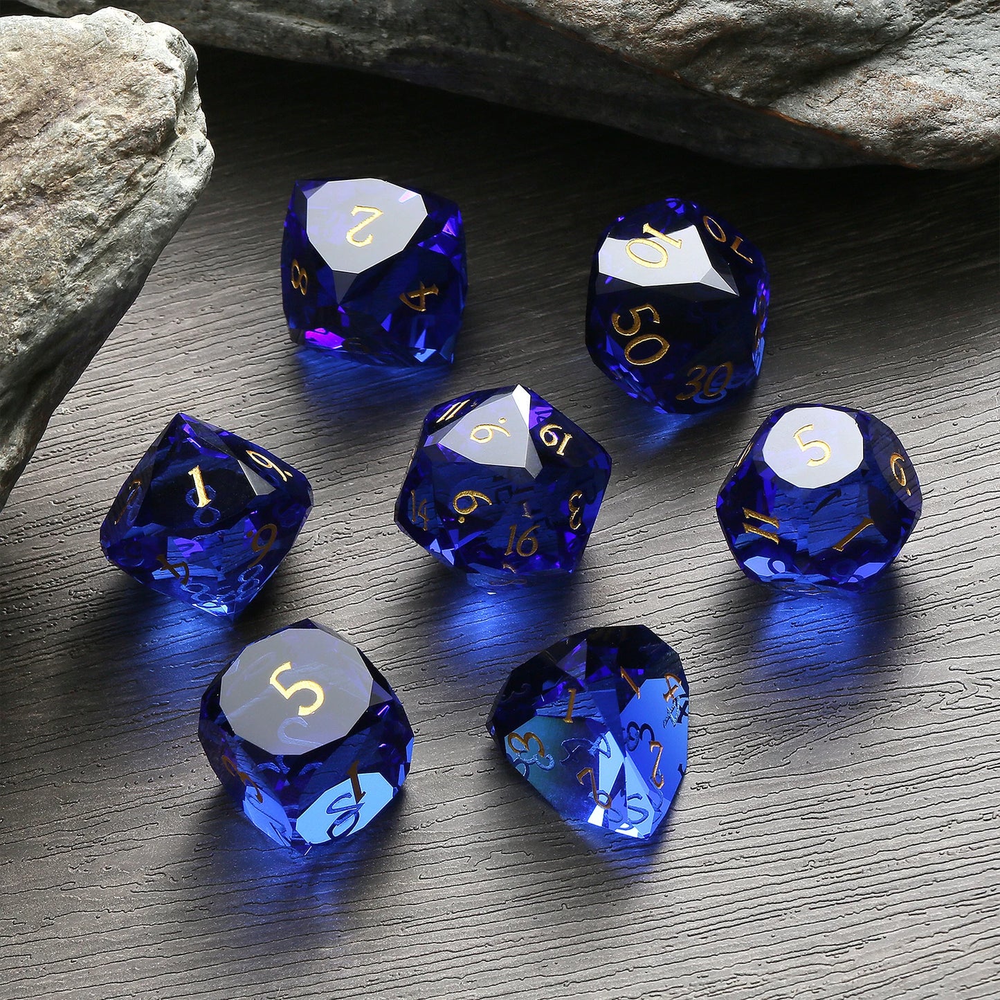 Glass Dice Set – Diamond-Cut Royal Blue
