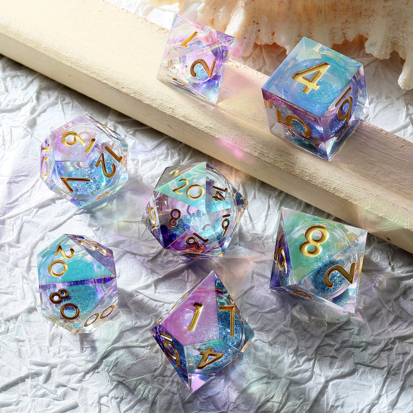 Sharp Edge Dice Set l Shiny Blue Liquid Core with Rainbow Iridescent