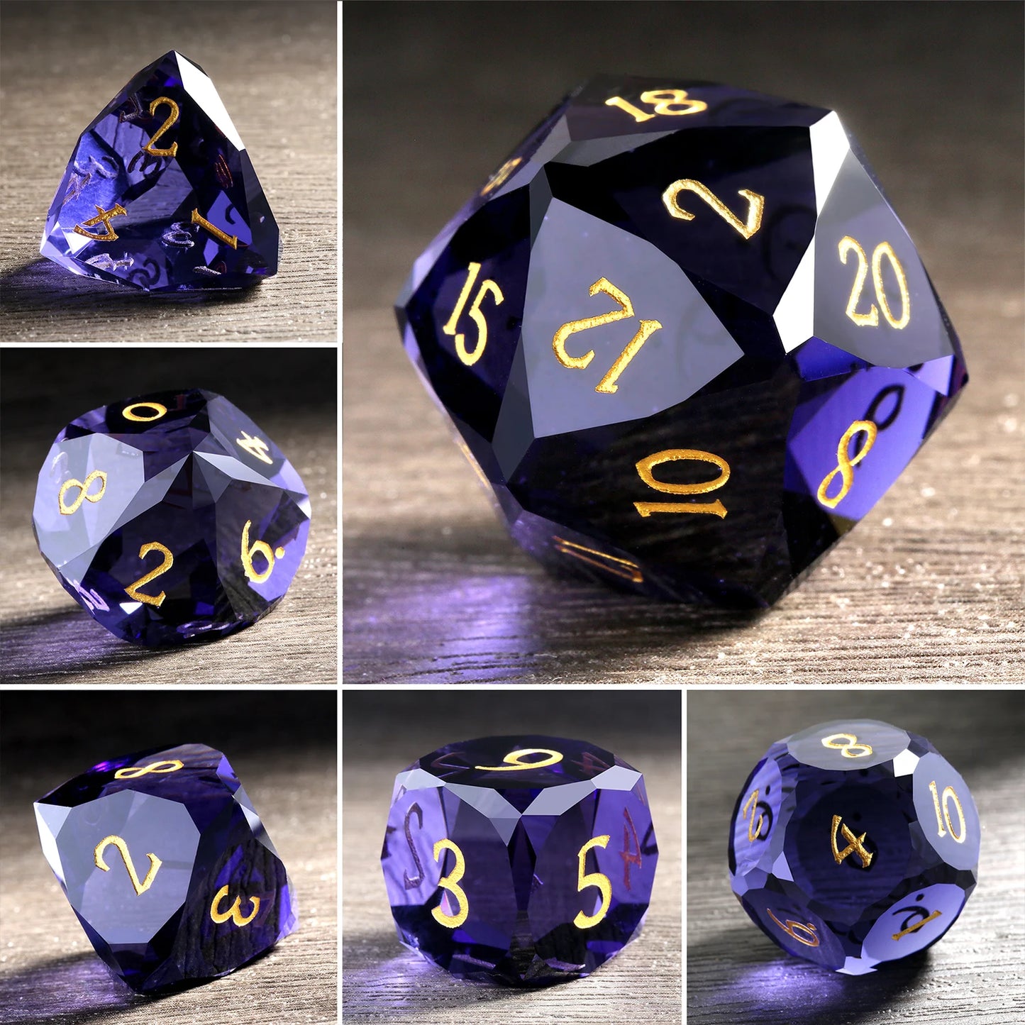 Glass Dice Set – Diamond-Cut Purple
