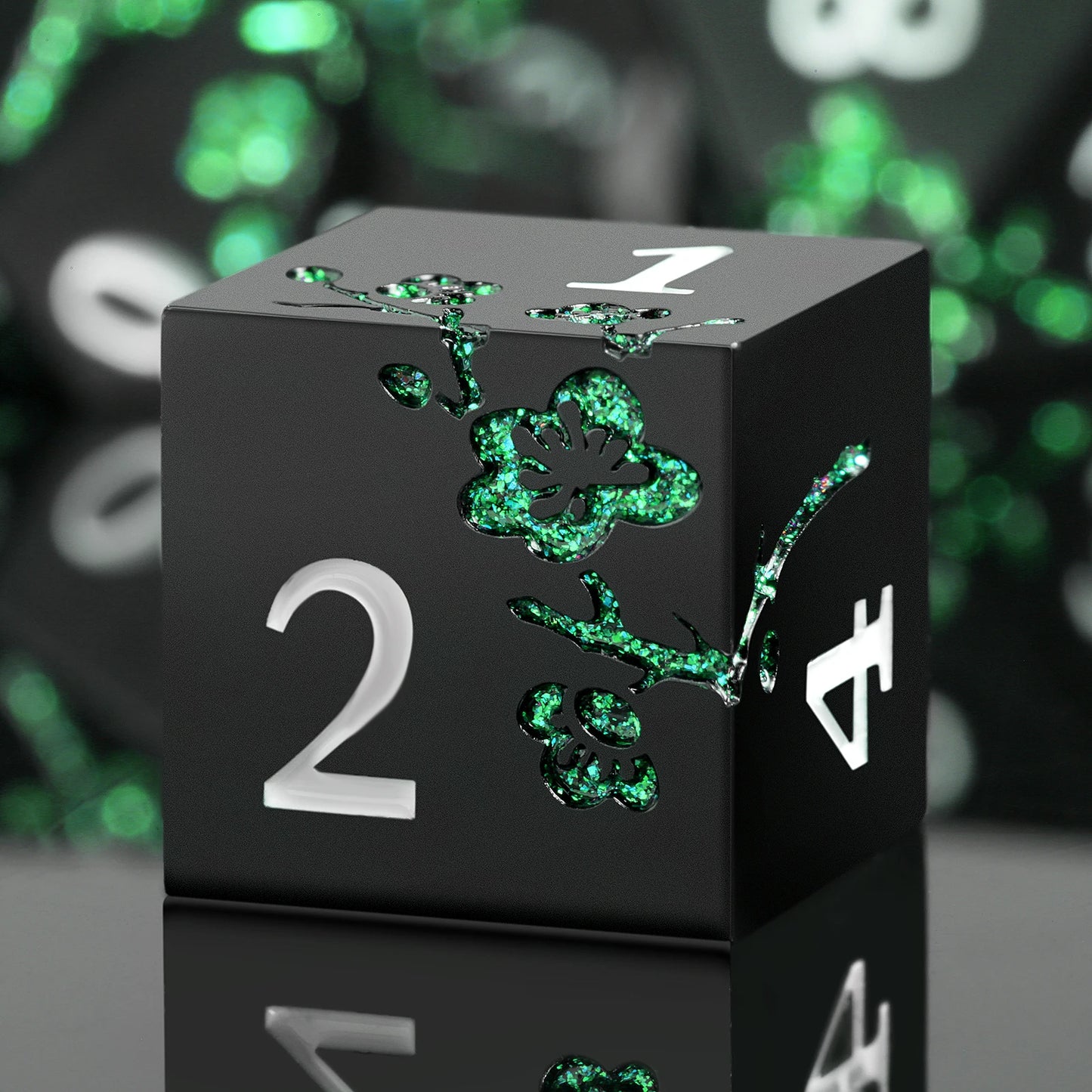 Plum Blossom Dice Set - Matte Black & Glitter Green