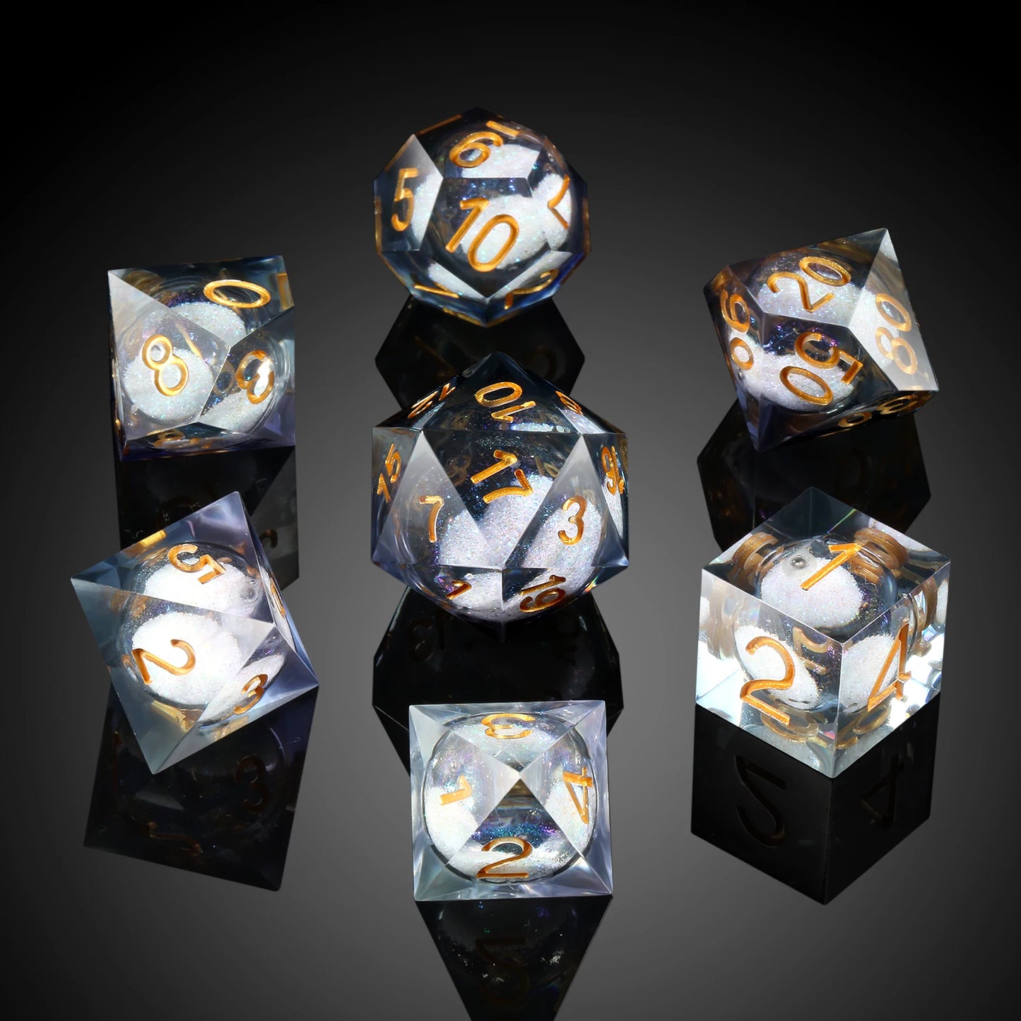 Sharp Edge Dice Set l Shiny Grey Liquid Core with gold numbers