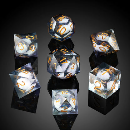 Sharp Edge Dice Set l Shiny Grey Liquid Core with gold numbers