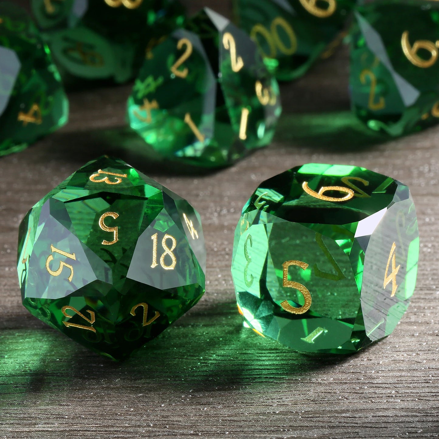 Glass Dice Set – Diamond-Cut Green