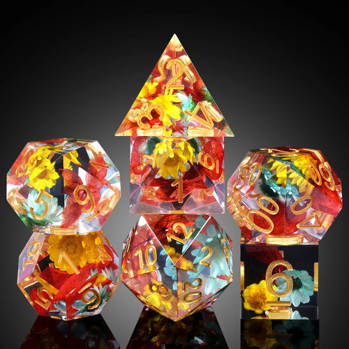 Sharp Edge Dice Set - Flowers with orange leaf