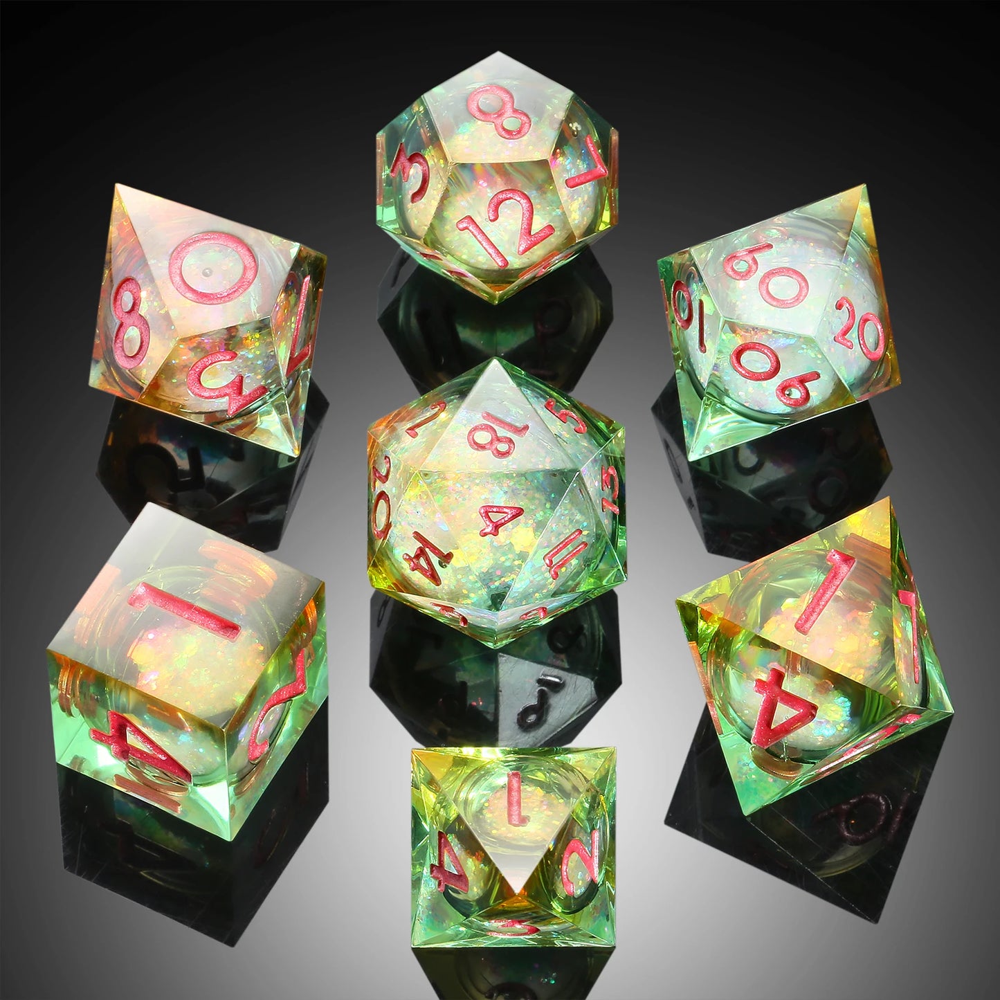 Sharp Edge Dice Set - :Shiny liquid core with green & yellow