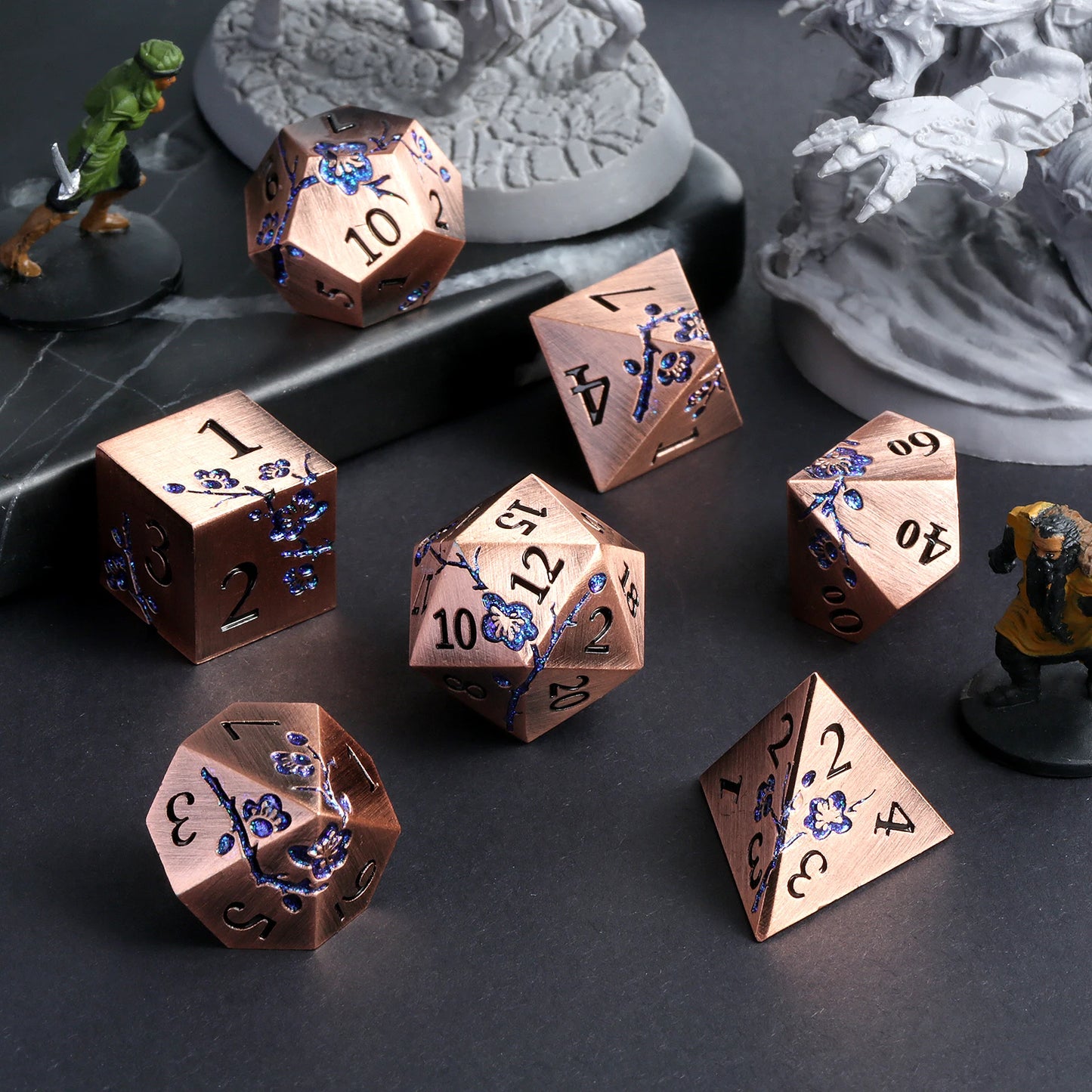Plum Blossom Dice Se – Copper with Glitter Blue