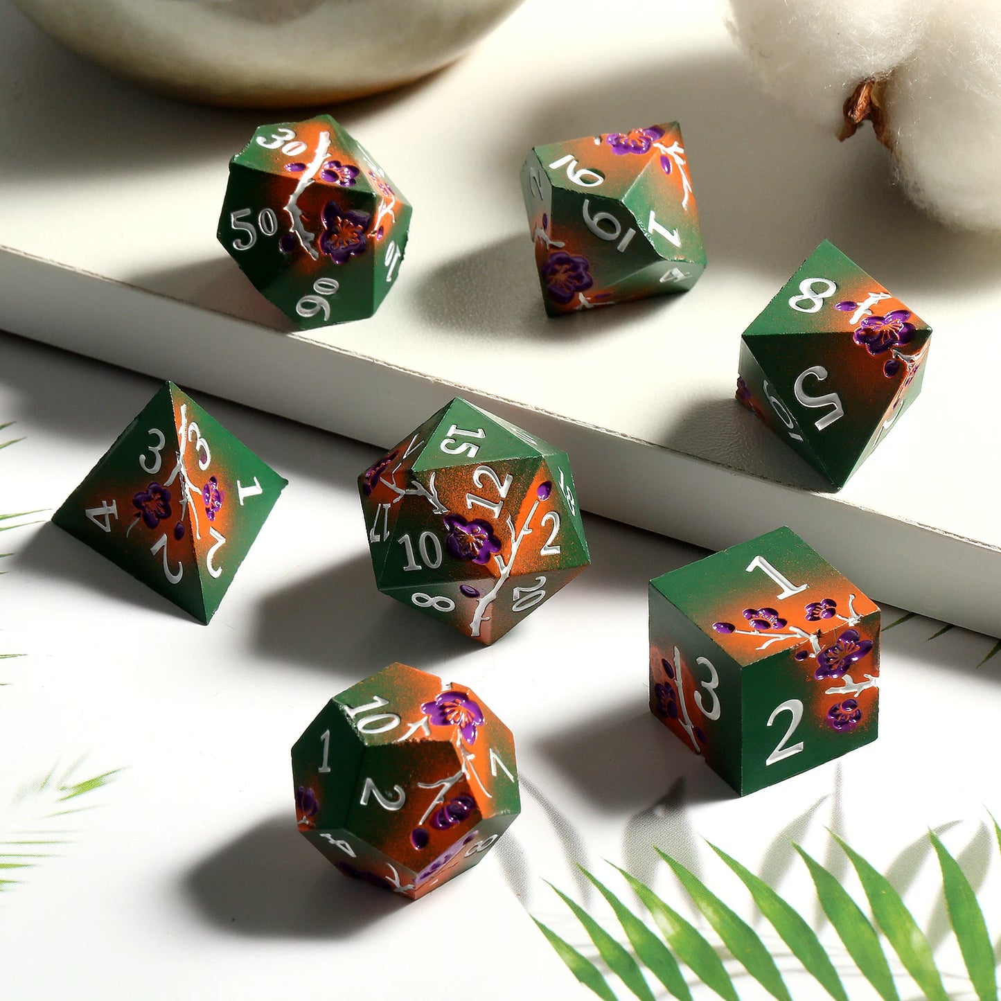 Plum Blossom Dice Set - Matte green and orange with purple flowers