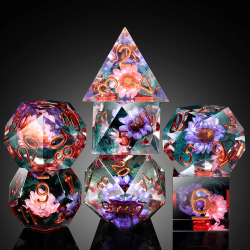 Sharp Edge dice Set - Flowers with blue leaf