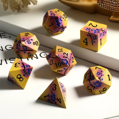 Plum Blossom Dice Set - Matte yellow-violet with blue flowers