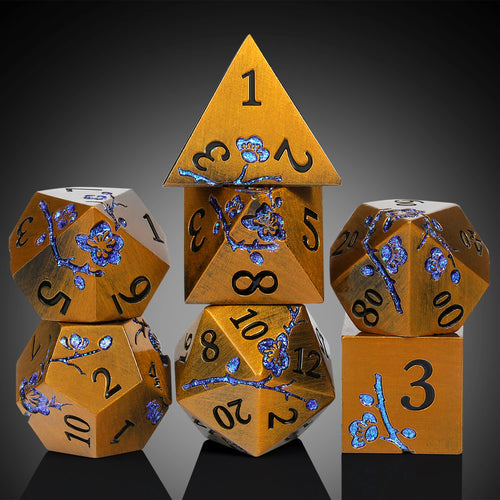 Plum Blossom Dice Set - Vintage Copper with Glitter Blue