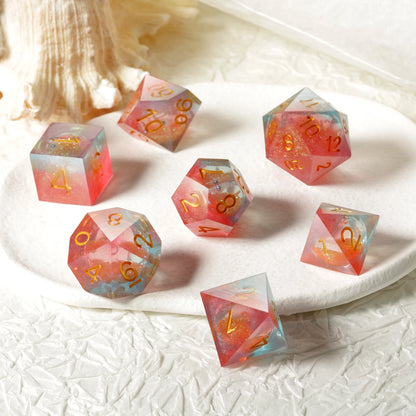 Sharp Edge Dice Set l Orange Liquid Core with red & Blue