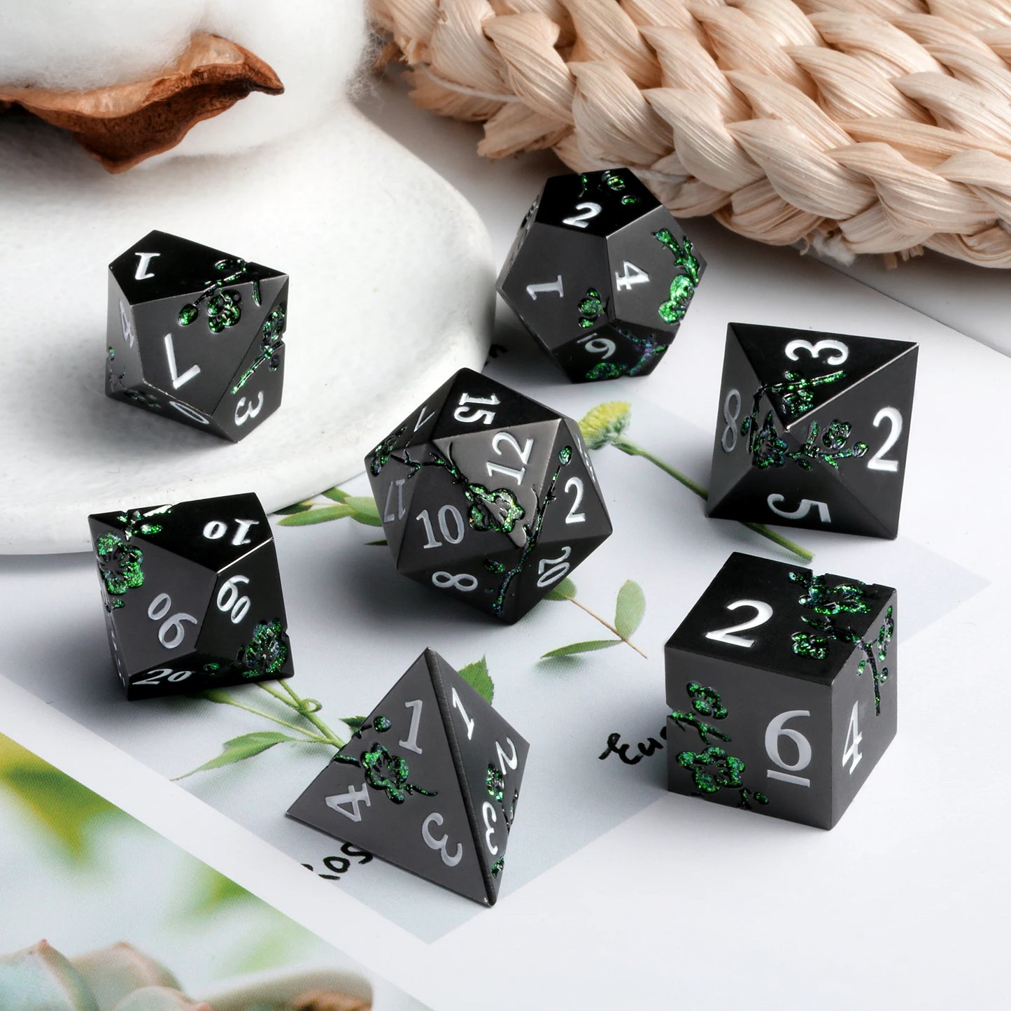 Plum Blossom Dice Set - Matte Black & Glitter Green
