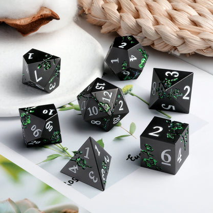 Plum Blossom Dice Set - Matte Black & Glitter Green