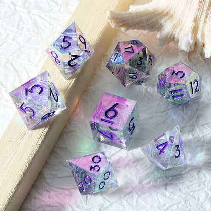 Sharp edge Dice Set - Rainbow Iridescent White Liquid Core
