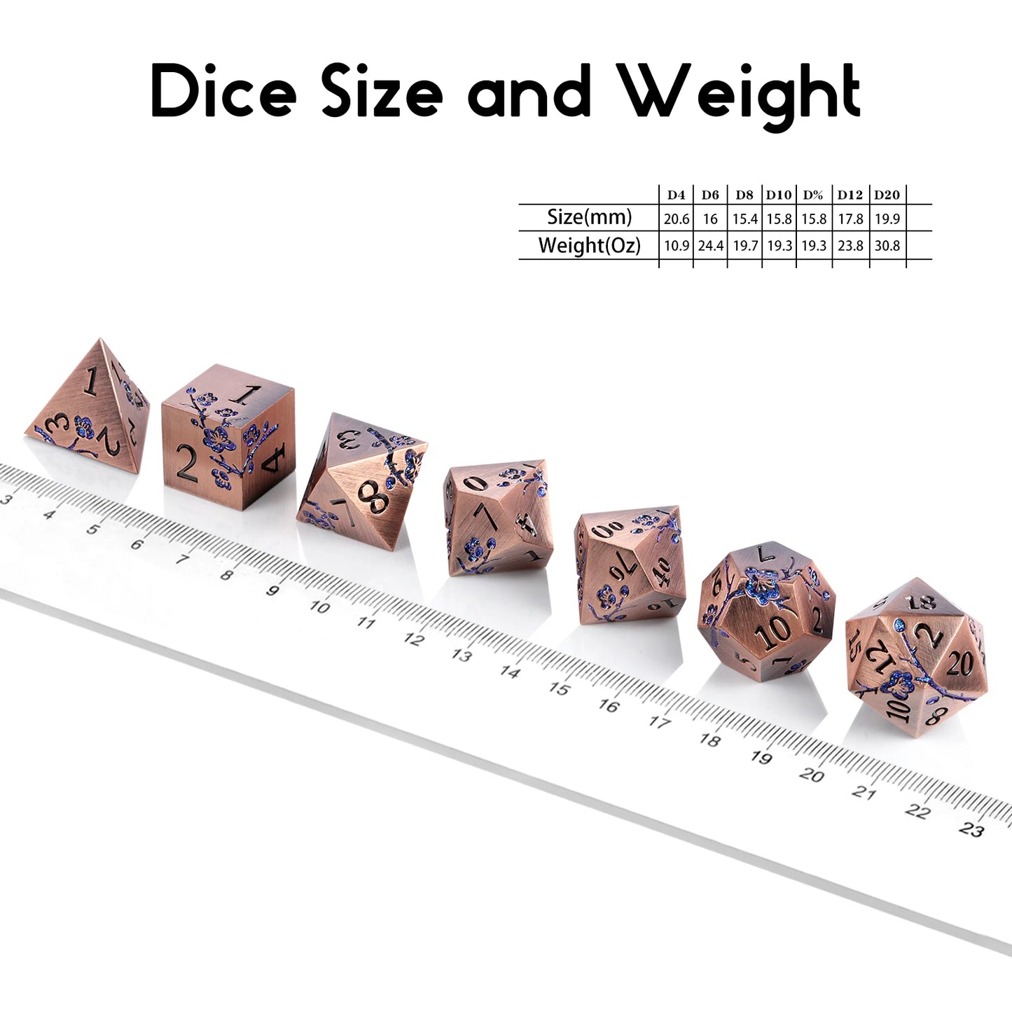 Plum Blossom Dice Se – Copper with Glitter Blue