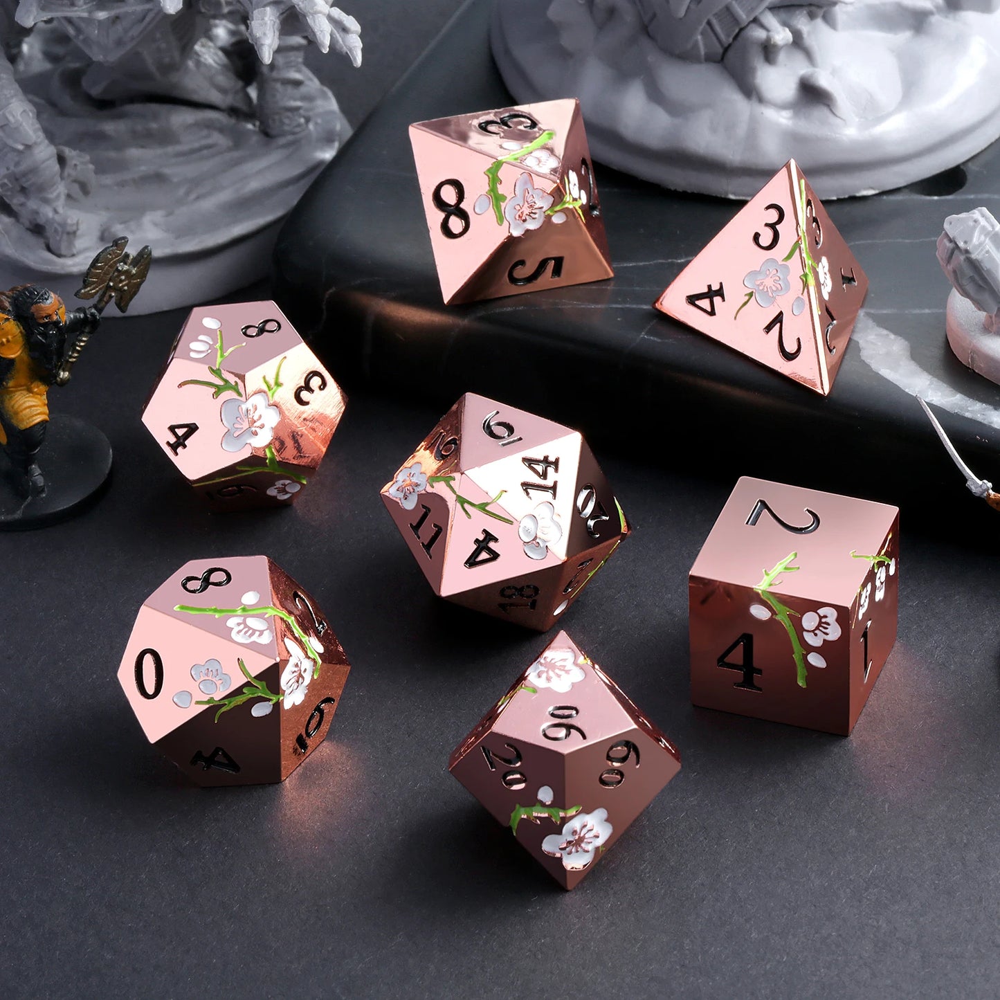 Plum Blossom Dice Set -  Rose Gold with White