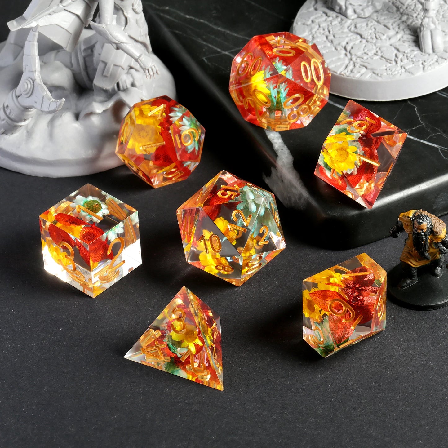 Sharp Edge Dice Set - Flowers with orange leaf