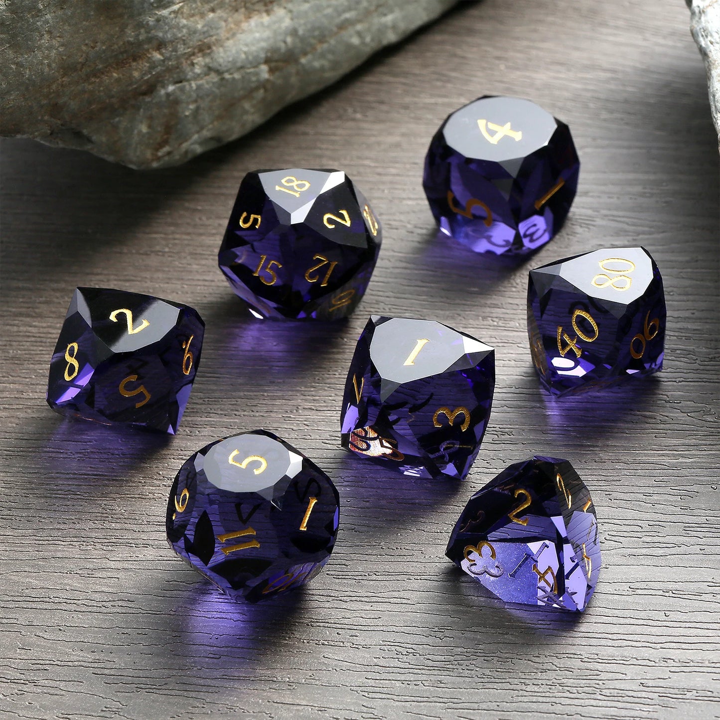 Glass Dice Set – Diamond-Cut Purple