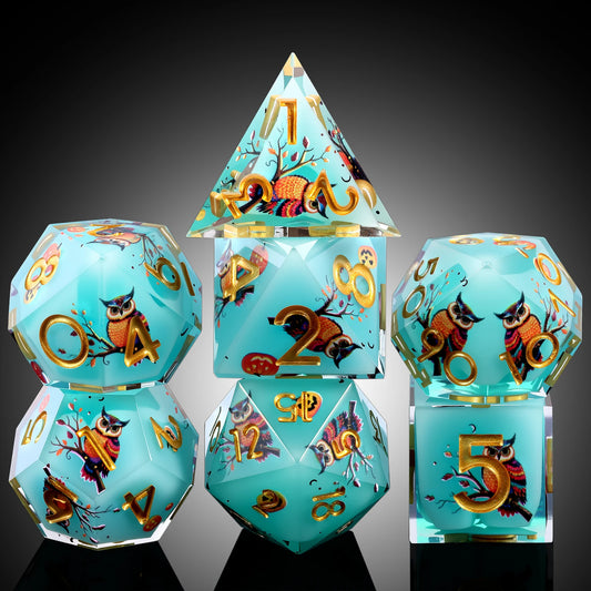 Sharp Edge Dice Set - Blue & Gold Owl