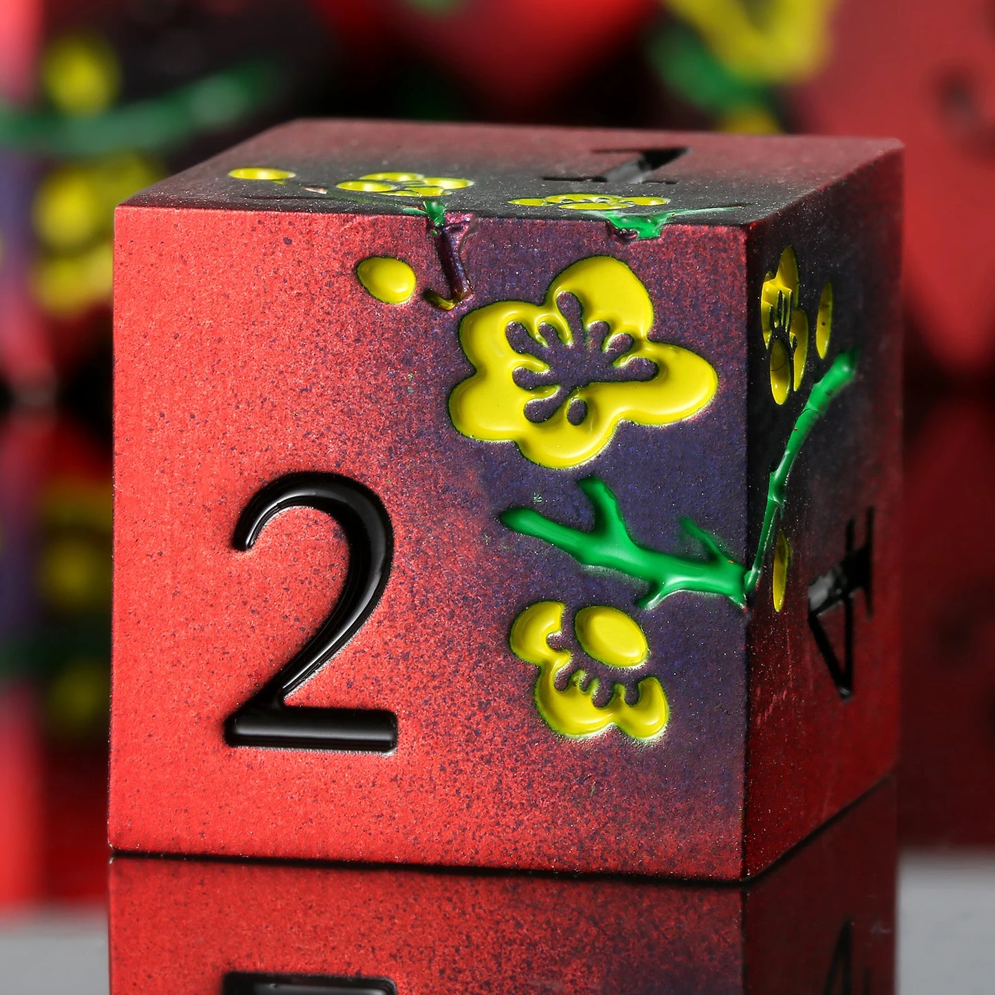 Plum Blossom Dice Set -  Matte Red & Black with yellow flowers