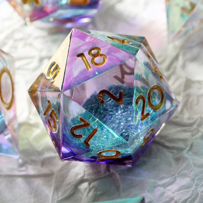 Shar Edge Dice Set - Shiny White liquid core with Rainbow iridescent plating