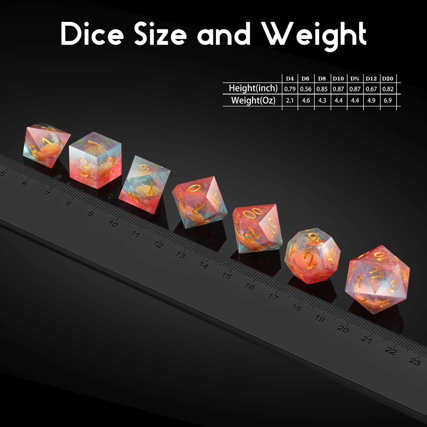 Sharp Edge Dice Set l Orange Liquid Core with red & Blue
