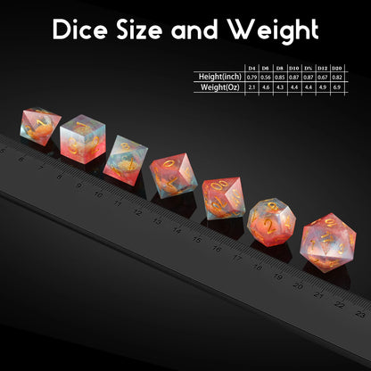 Sharp Edge Dice Set l Orange Liquid Core with red & Blue