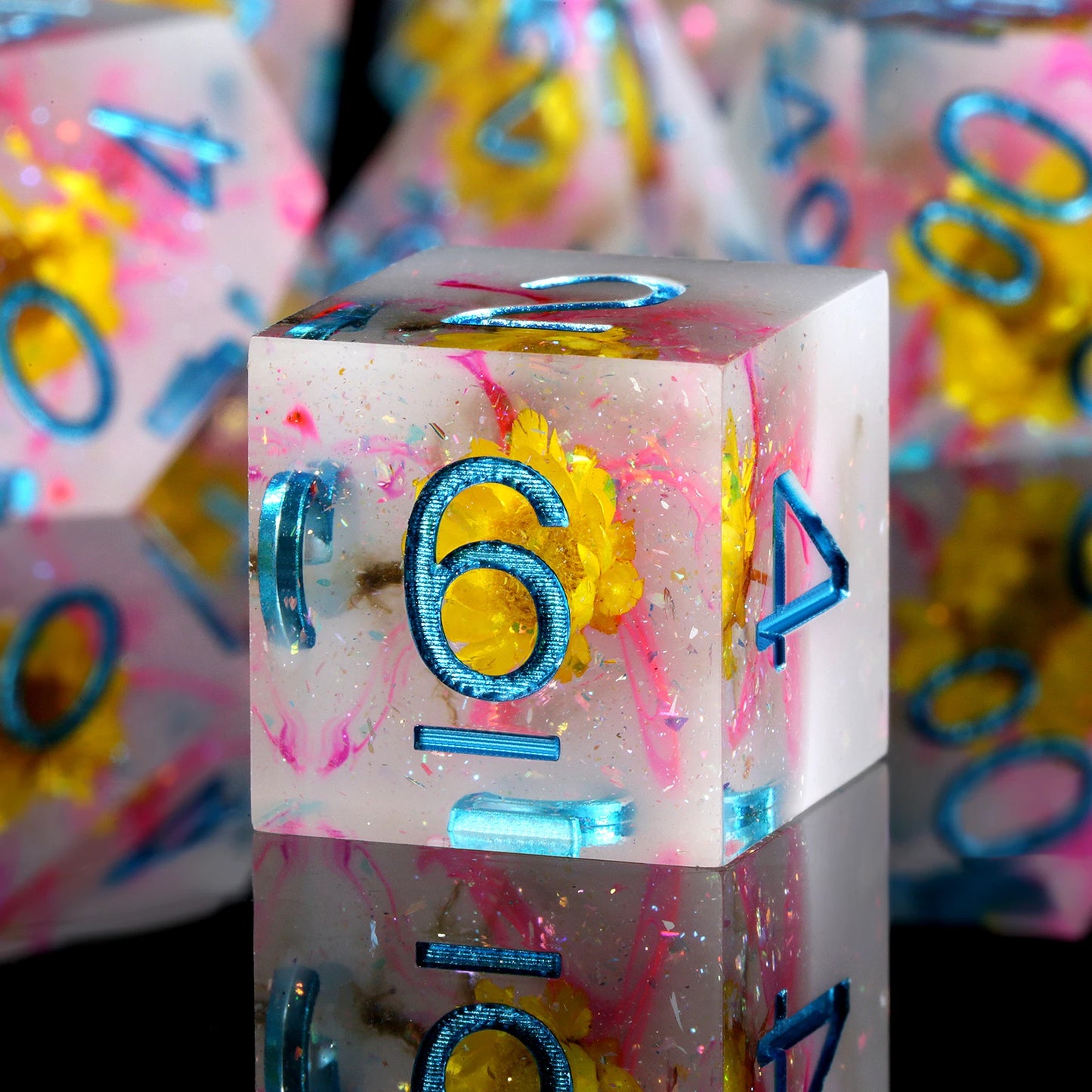 Sharp Edge Dice – Yellow Flower with Pink Swirl