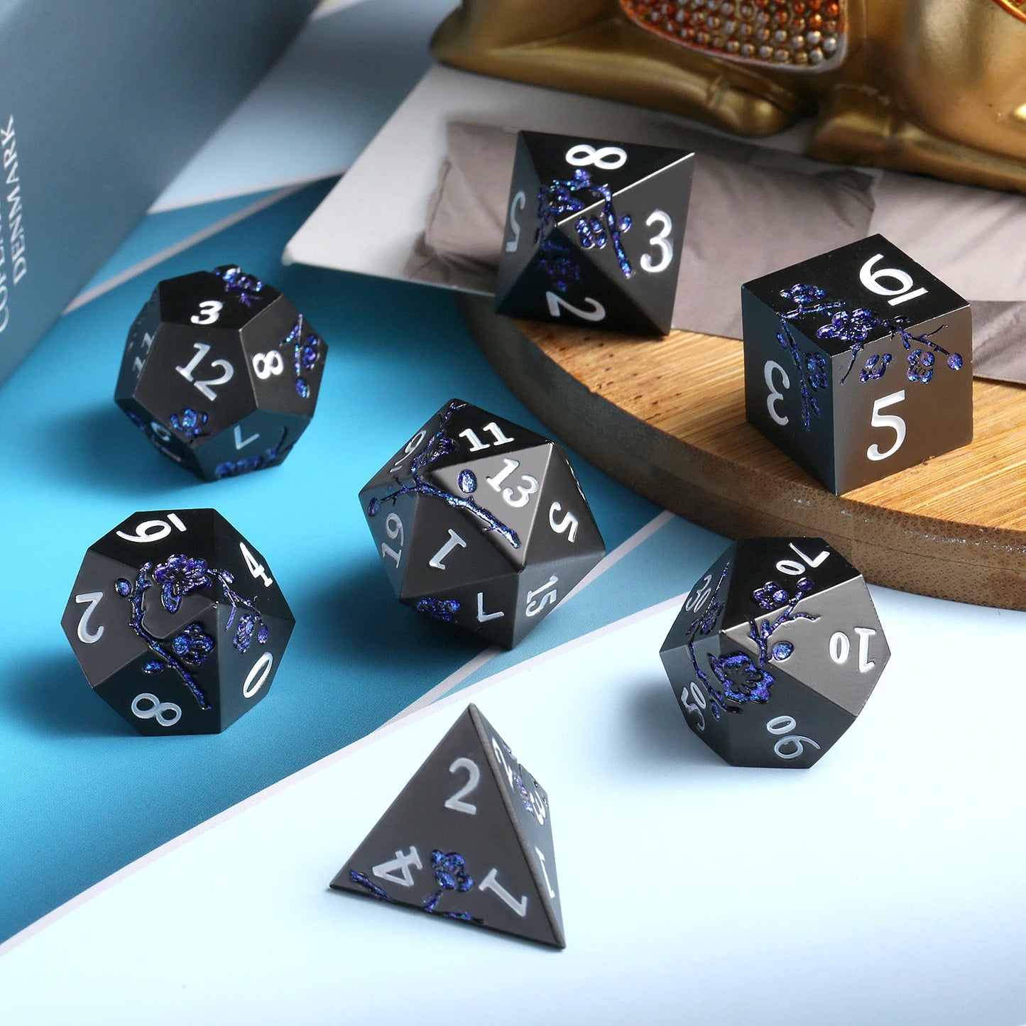 Plum Blossom Dice Set -  Black & Glitter Blue Flower