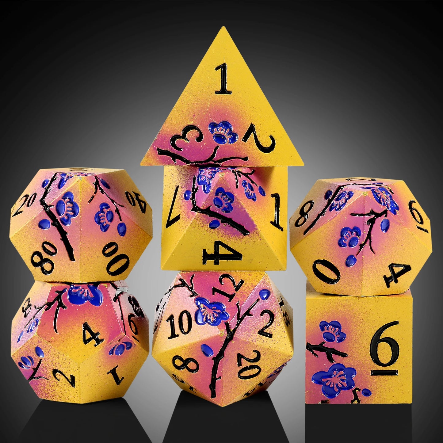 Plum Blossom Dice Set - Matte yellow-violet with blue flowers