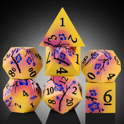 Plum Blossom Dice Set - Matte yellow-violet with blue flowers