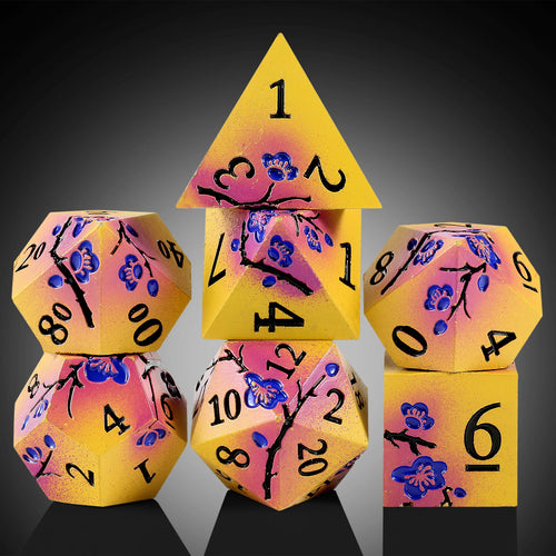 Plum Blossom Dice Set - Matte yellow-violet with blue flowers