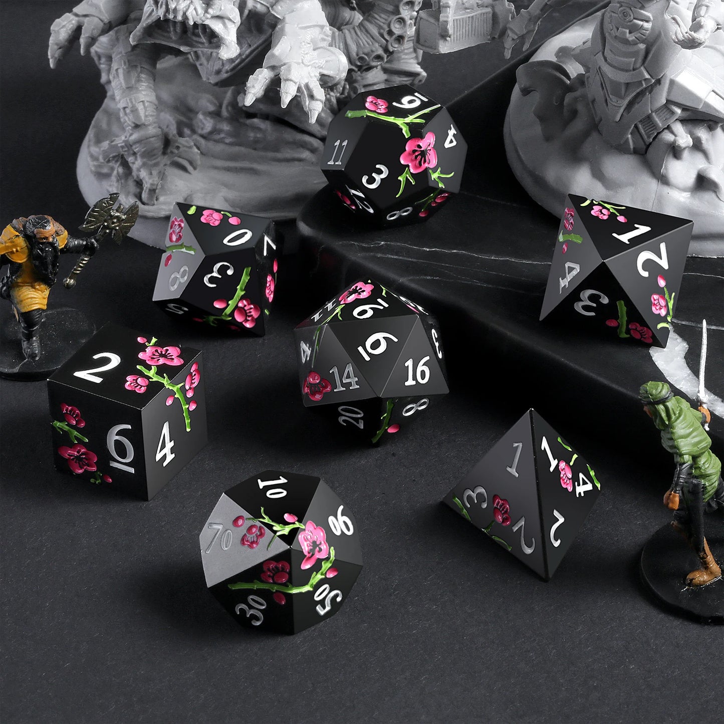 Plum Blossom Dice Set - Black with Pink