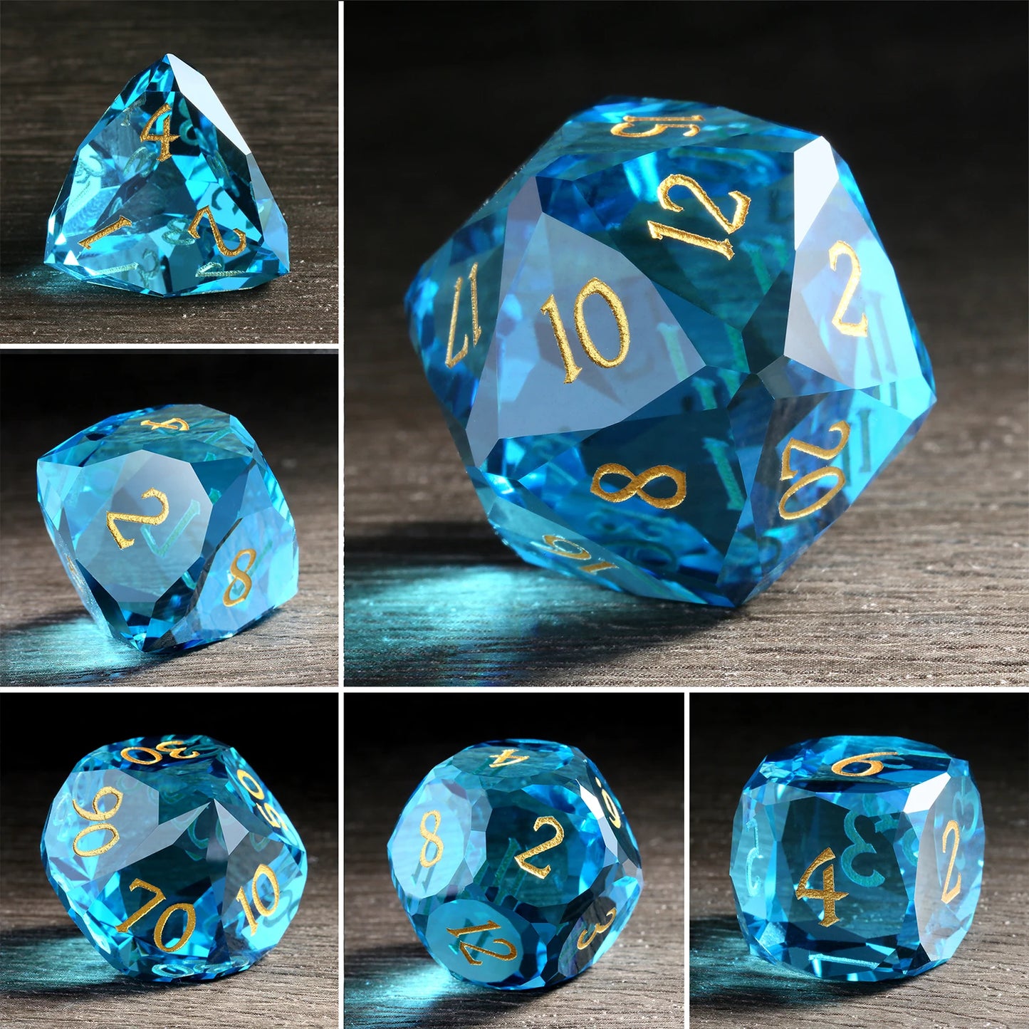 Glass Dice Set – Diamond-Cut Blue