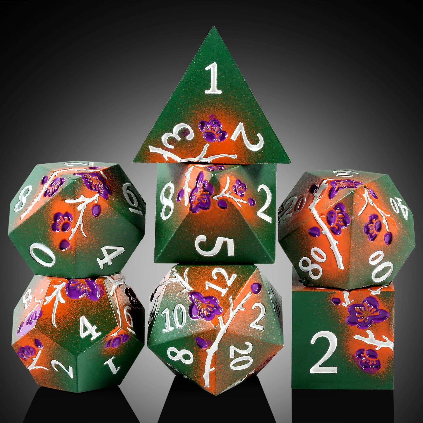 Plum Blossom Dice Set - Matte green and orange with purple flowers