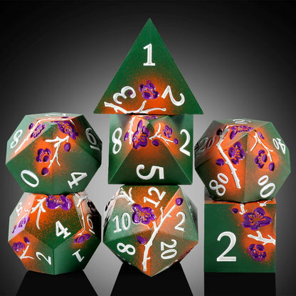 Plum Blossom Dice Set - Matte green and orange with purple flowers