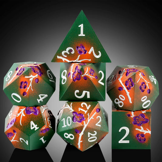 Plum Blossom Dice Set - Matte green and orange with purple flowers