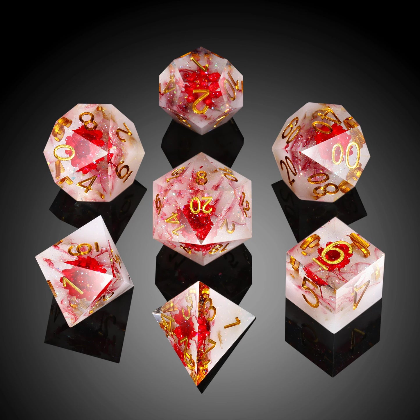 Sharp Edge Dice Set- Red flowers with Red Swirl