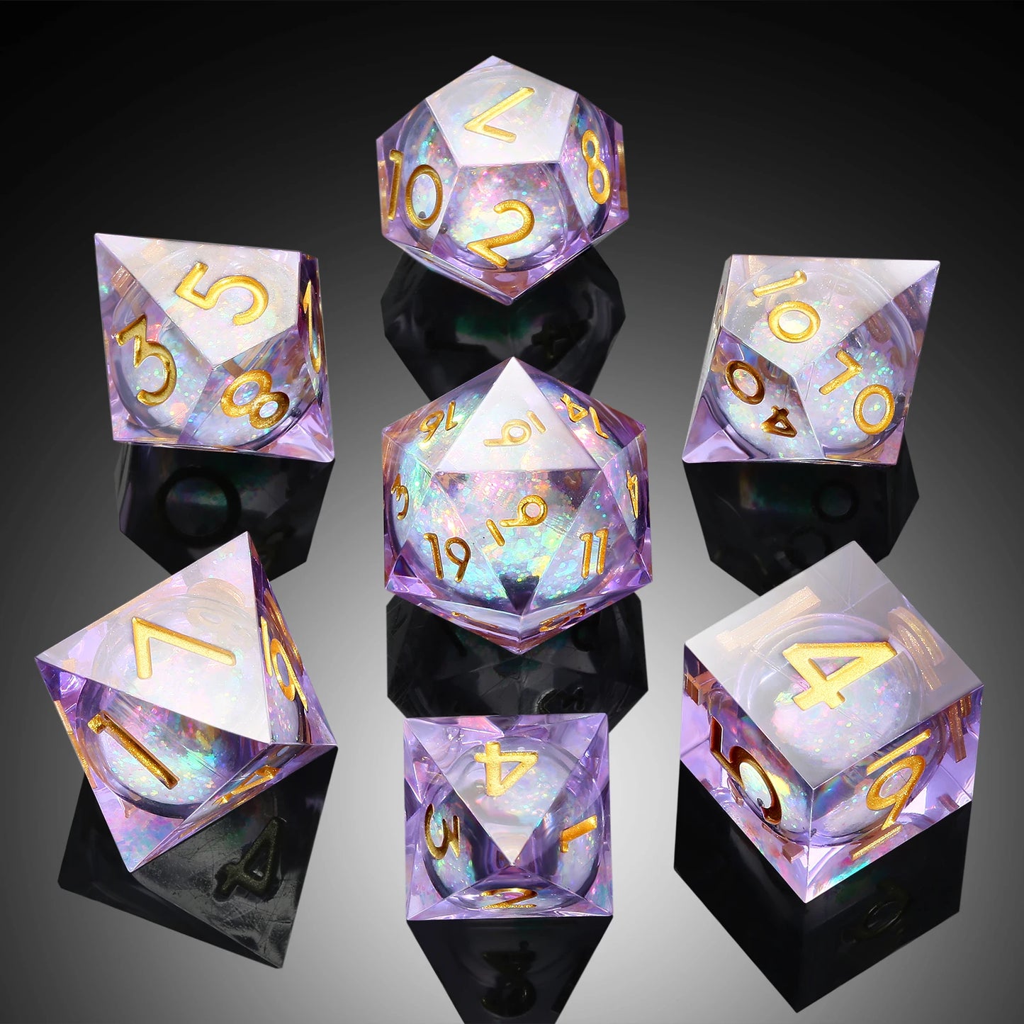 Sharp Edge Dice Set - Shiny liquid core with purple