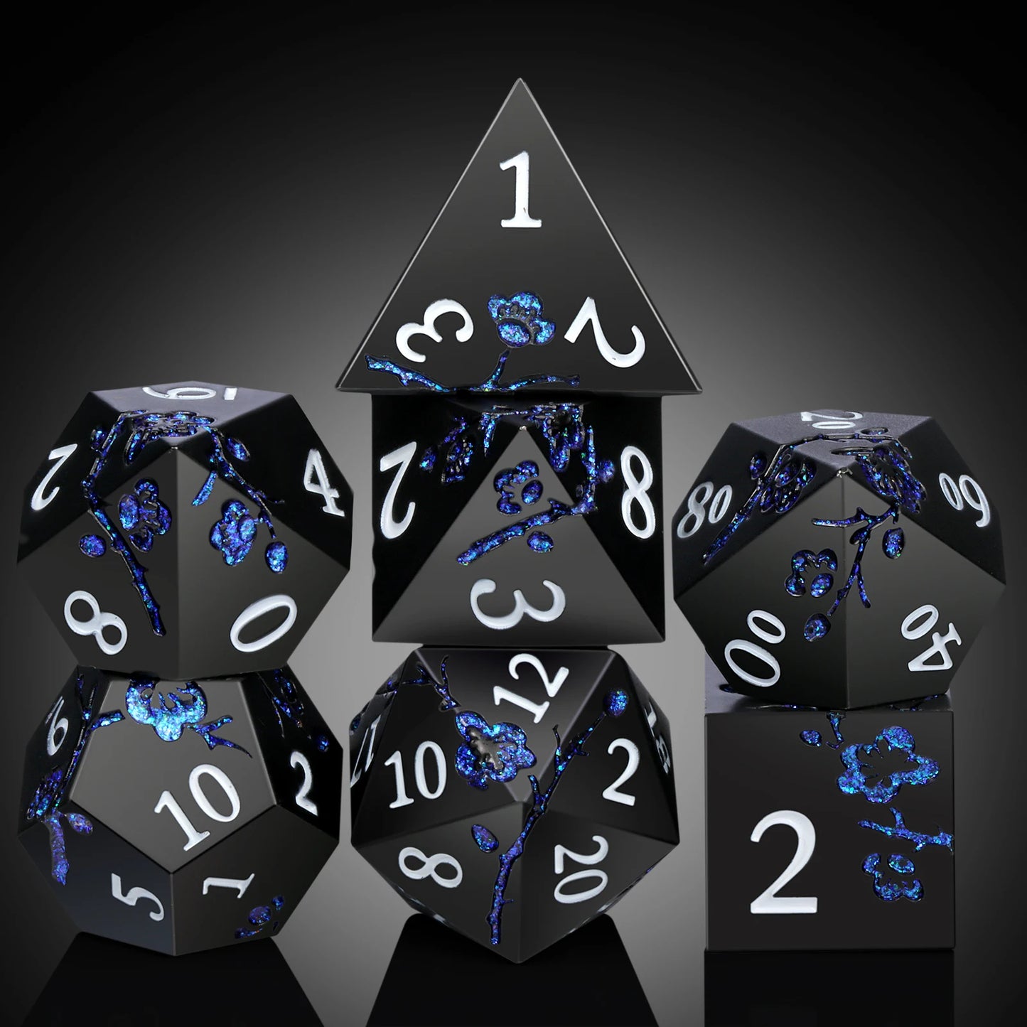 Plum Blossom Dice Set -  Black & Glitter Blue Flower