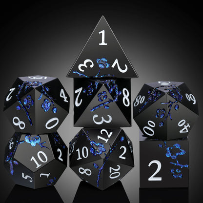 Plum Blossom Dice Set -  Black & Glitter Blue Flower