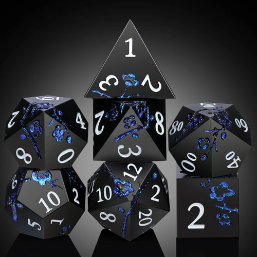 Plum Blossom Dice Set -  Black & Glitter Blue Flower