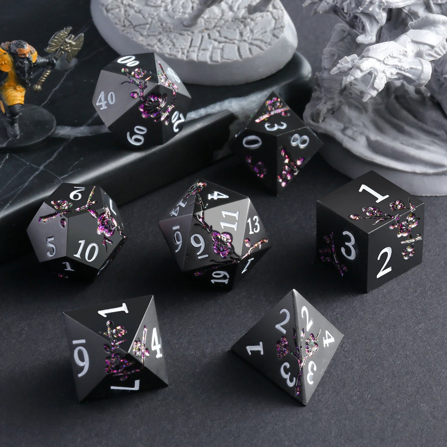 Plum Blossom Dice Set - Black with Glitter Purple