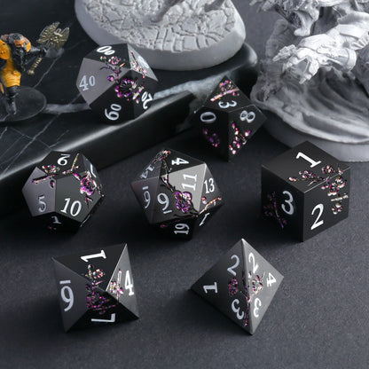 Plum Blossom Dice Set - Black with Glitter Purple